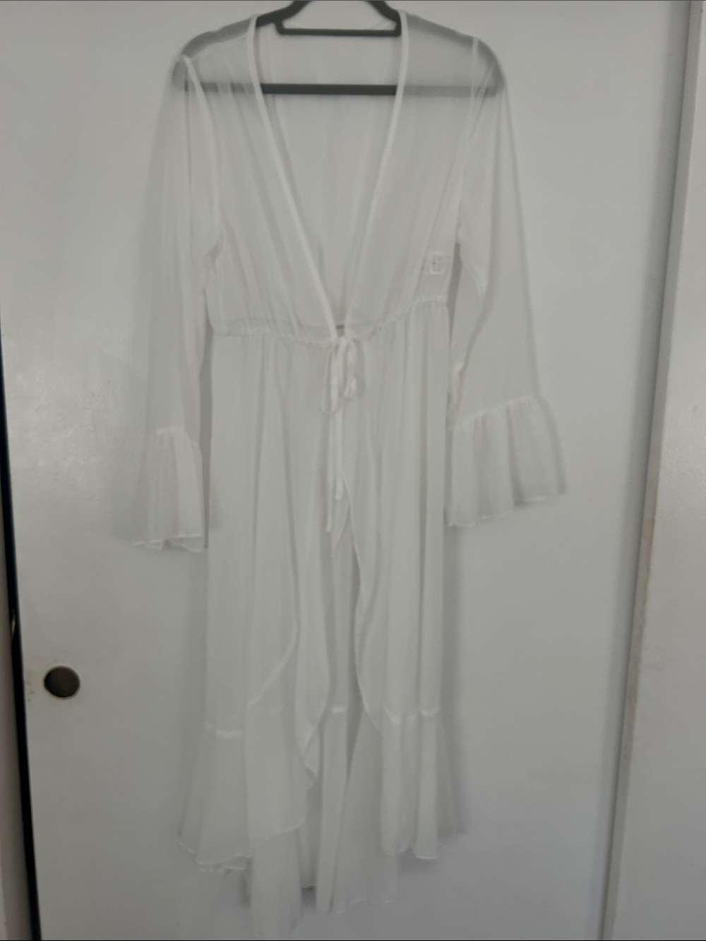 White Sheer Long Cover-Up with Tie Front